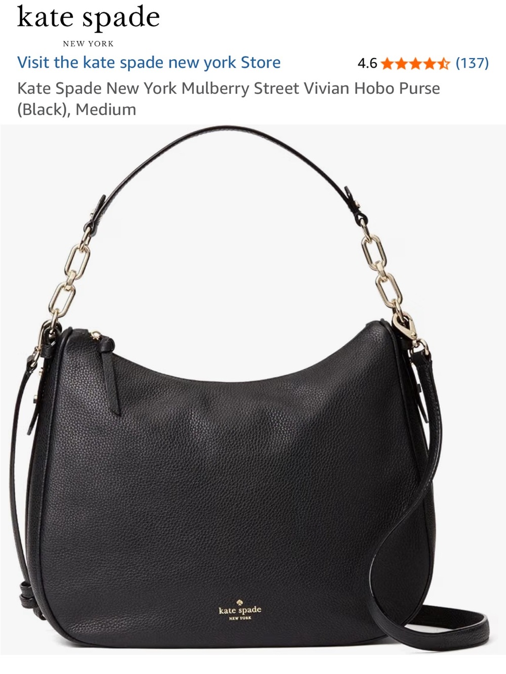 kate spade mulberry street Vivian Hobo Black,  Pebbled Leather, Medium